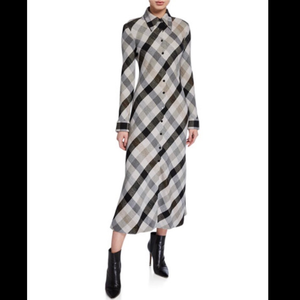 Rosetta Getty button front bias shirtdress long sleeve plaid neutral classic